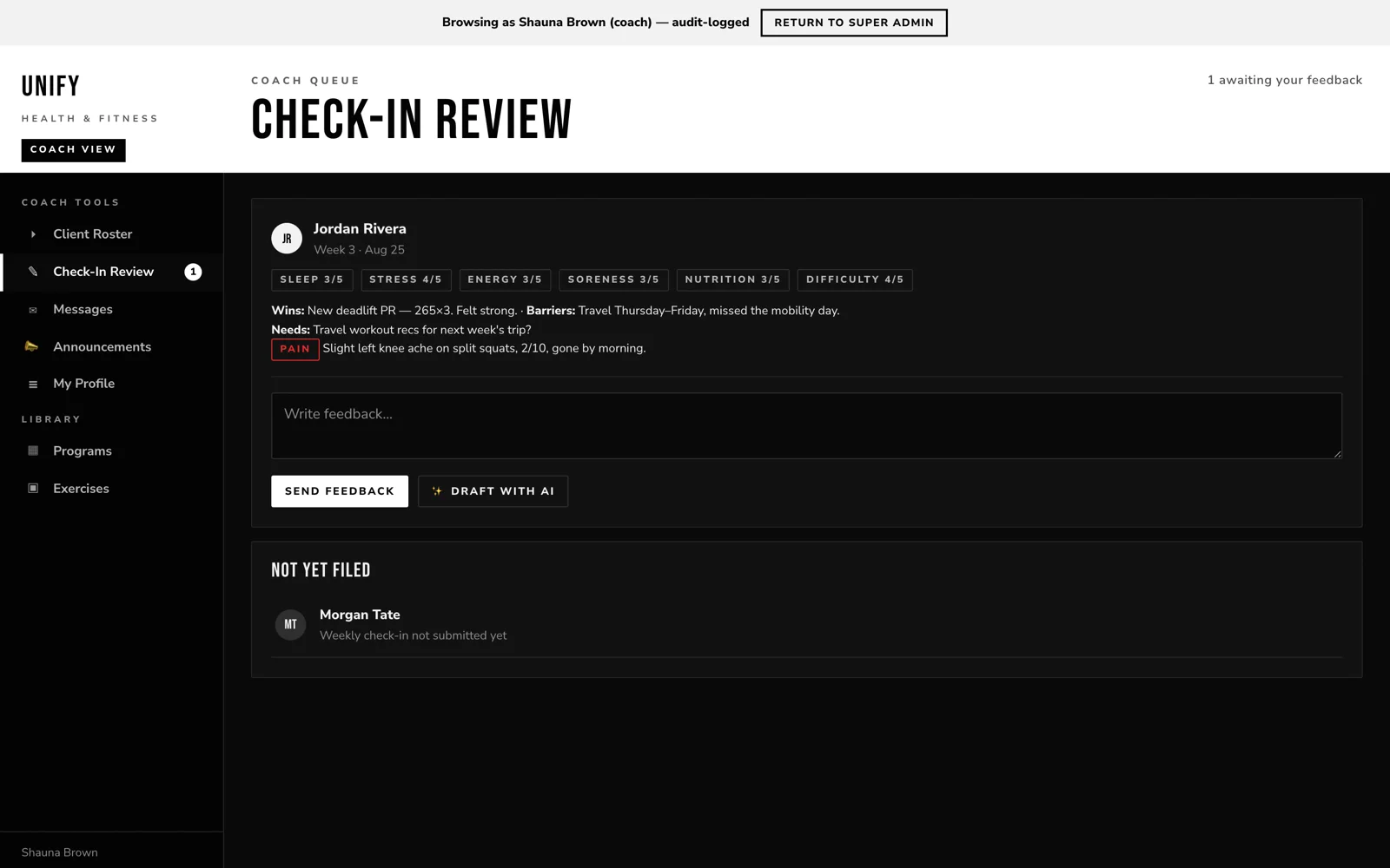 Coach check-in review queue where AI-drafted feedback is reviewed before sending