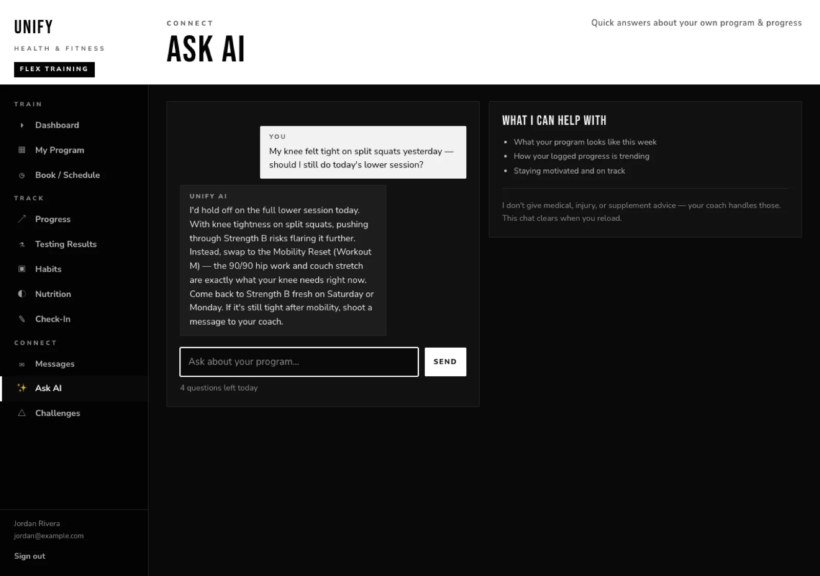 Member Ask AI screen answering a question about the member's own training program